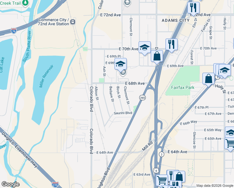 map of restaurants, bars, coffee shops, grocery stores, and more near 6755 Birch Street in Commerce City