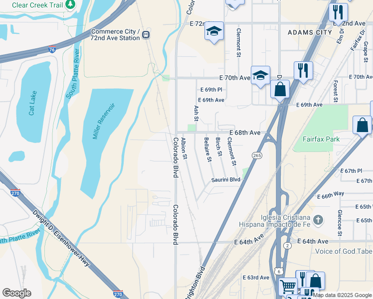map of restaurants, bars, coffee shops, grocery stores, and more near 6751 Albion Street in Commerce City