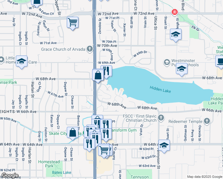 map of restaurants, bars, coffee shops, grocery stores, and more near 6870 Zenobia Circle in Westminster