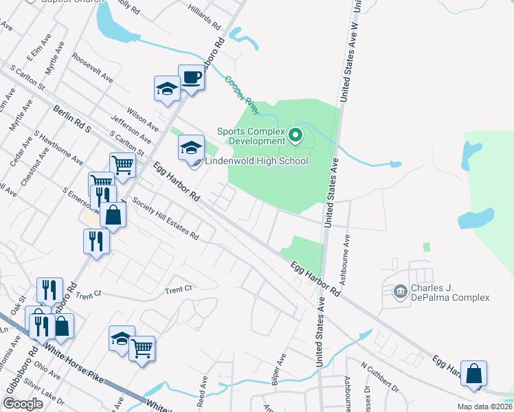 map of restaurants, bars, coffee shops, grocery stores, and more near 137 Colonial Square Place in Lindenwold