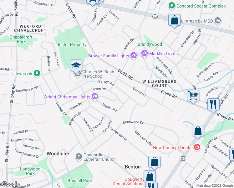 map of restaurants, bars, coffee shops, grocery stores, and more near 2406 Berwyn Road in Wilmington
