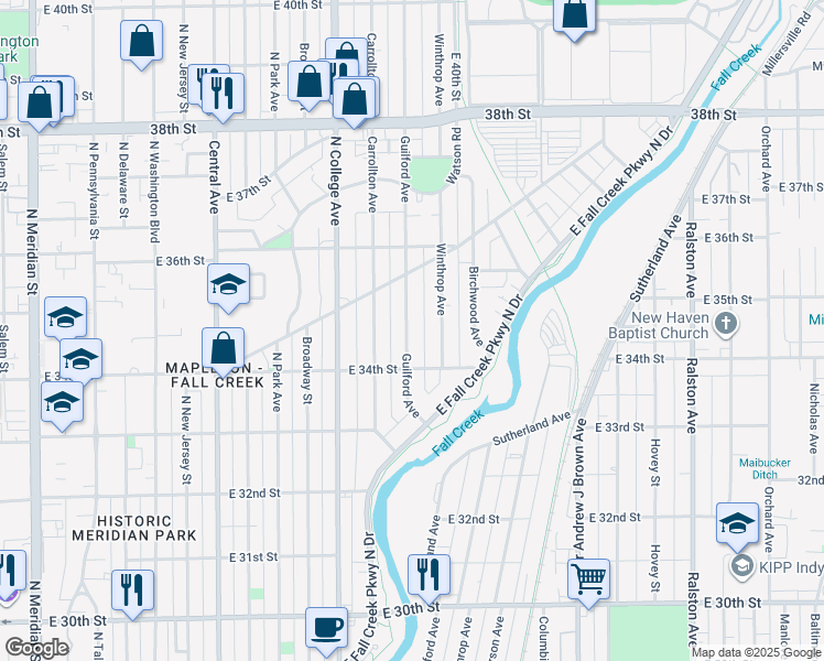 map of restaurants, bars, coffee shops, grocery stores, and more near 3443 Guilford Avenue in Indianapolis