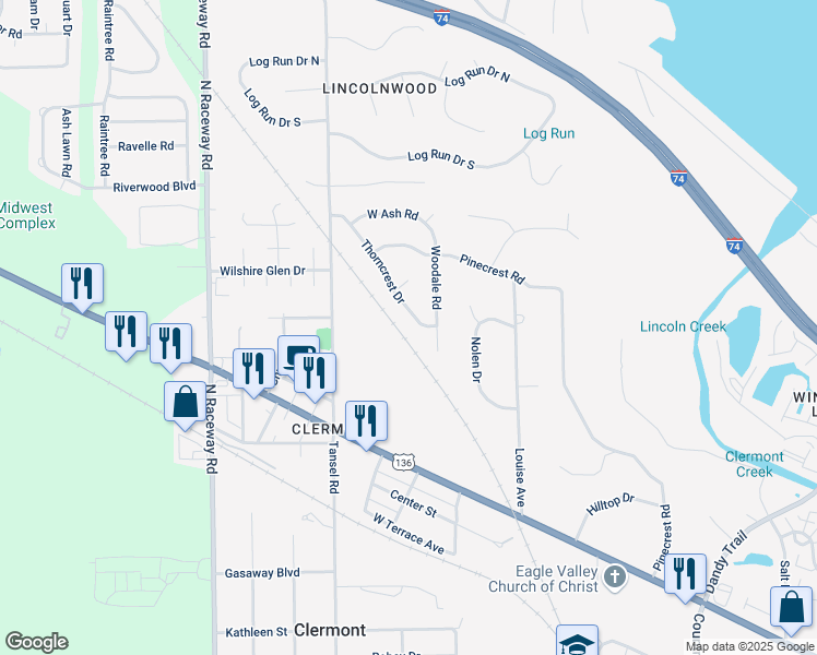 map of restaurants, bars, coffee shops, grocery stores, and more near 3556 Thorncrest Drive in Indianapolis