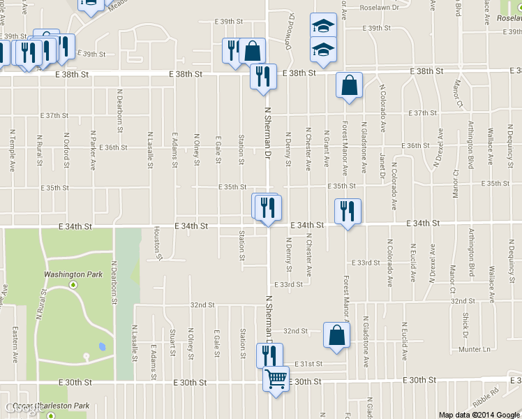 map of restaurants, bars, coffee shops, grocery stores, and more near 3424 North Sherman Drive in Indianapolis