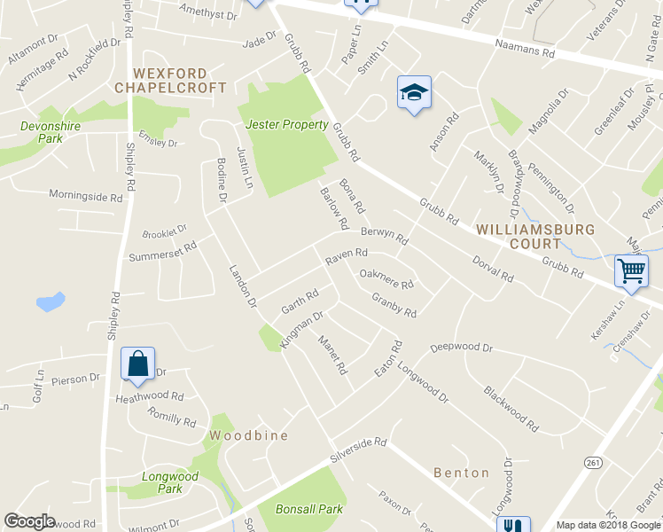 map of restaurants, bars, coffee shops, grocery stores, and more near 2523 Kingman Drive in Wilmington