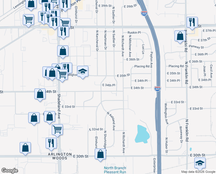 map of restaurants, bars, coffee shops, grocery stores, and more near 7333 East 34th Place in Indianapolis
