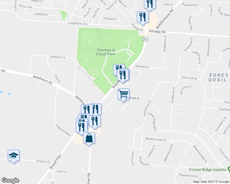 map of restaurants, bars, coffee shops, grocery stores, and more near 4534 Brandt Pike in Dayton