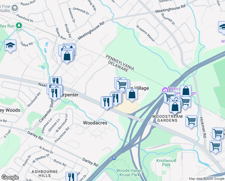 map of restaurants, bars, coffee shops, grocery stores, and more near 799 Montclair Drive in Claymont