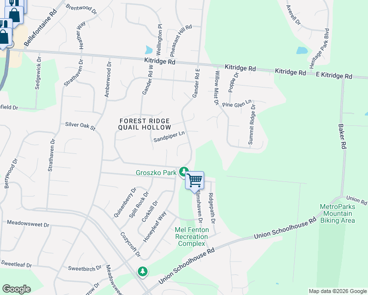 map of restaurants, bars, coffee shops, grocery stores, and more near 5672 Gander Road South in Dayton