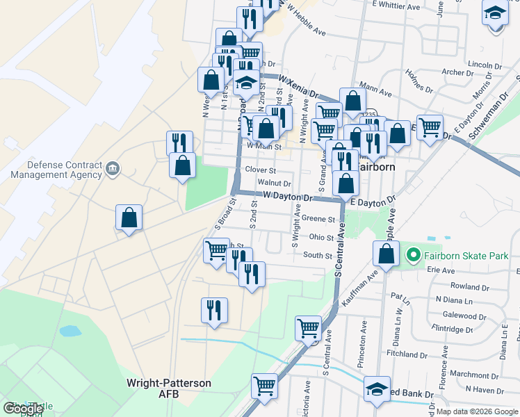 map of restaurants, bars, coffee shops, grocery stores, and more near 501 Greene Street in Fairborn
