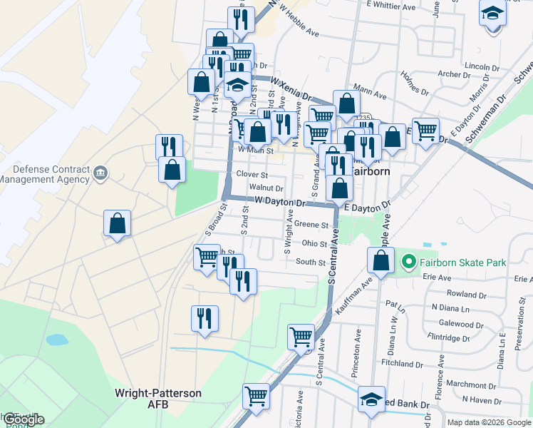map of restaurants, bars, coffee shops, grocery stores, and more near 311 Greene St in Fairborn