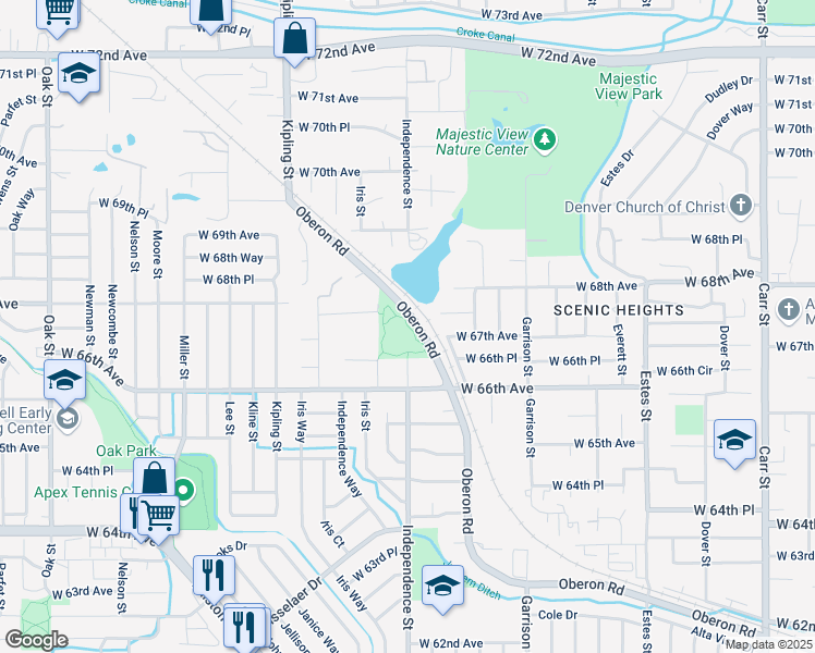map of restaurants, bars, coffee shops, grocery stores, and more near Independence Park Walking Path in Arvada