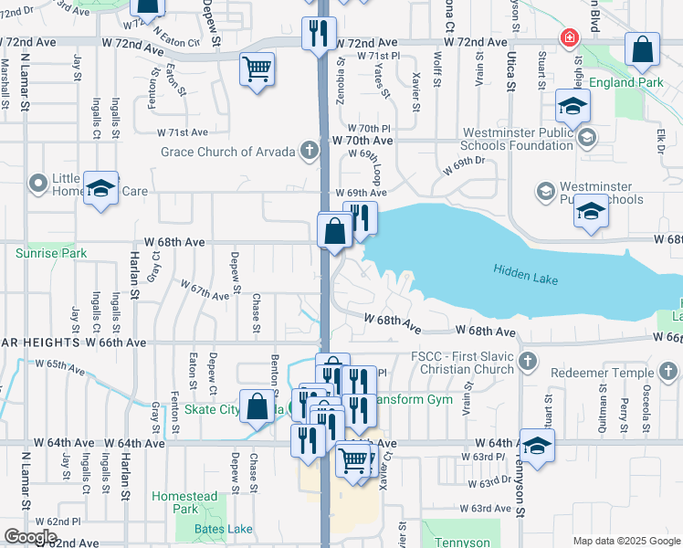 map of restaurants, bars, coffee shops, grocery stores, and more near 2 Zenobia Street in Westminster