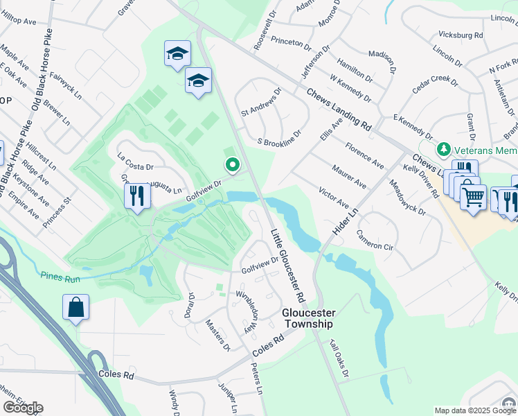 map of restaurants, bars, coffee shops, grocery stores, and more near 40 Pinehurst Court in Camden County