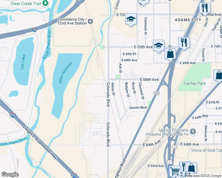 map of restaurants, bars, coffee shops, grocery stores, and more near 6751 Albion Street in Commerce City
