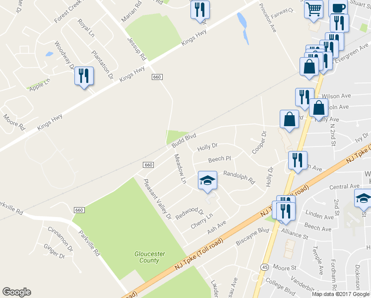 map of restaurants, bars, coffee shops, grocery stores, and more near 4 Oak Road in Woodbury