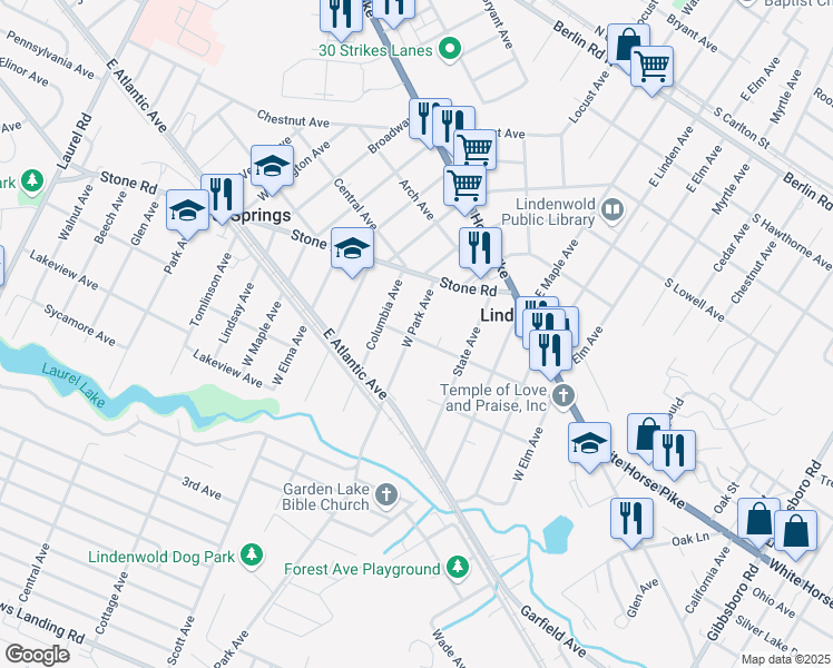 map of restaurants, bars, coffee shops, grocery stores, and more near 53 West Park Avenue in Lindenwold