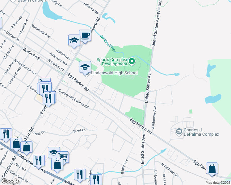 map of restaurants, bars, coffee shops, grocery stores, and more near 137 Colonial Square Place in Lindenwold