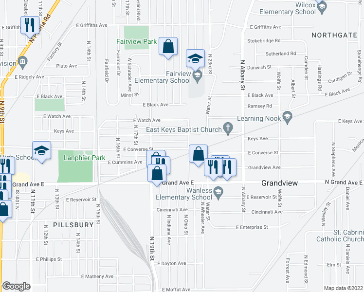 map of restaurants, bars, coffee shops, grocery stores, and more near 1975 East Converse Street in Springfield