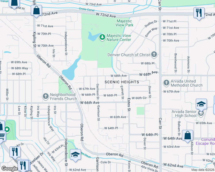 map of restaurants, bars, coffee shops, grocery stores, and more near 6722 Flower Street in Arvada