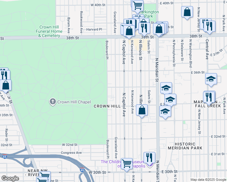 map of restaurants, bars, coffee shops, grocery stores, and more near 3458 Graceland Avenue in Indianapolis