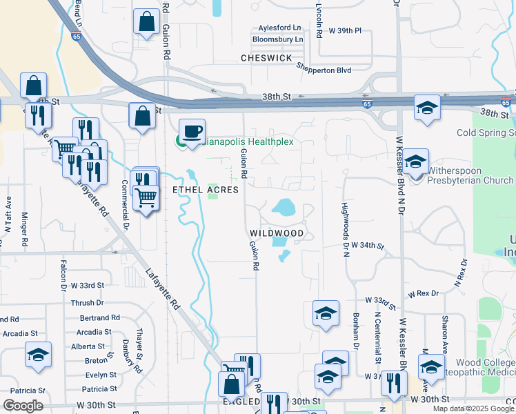 map of restaurants, bars, coffee shops, grocery stores, and more near 19 Timbersedge Drive in Indianapolis