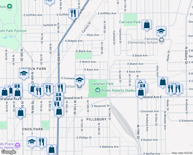map of restaurants, bars, coffee shops, grocery stores, and more near 1317 East Converse Street in Springfield