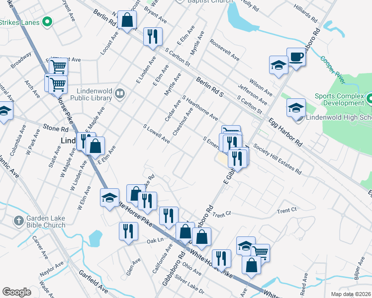 map of restaurants, bars, coffee shops, grocery stores, and more near 503 South Lowell Avenue in Lindenwold