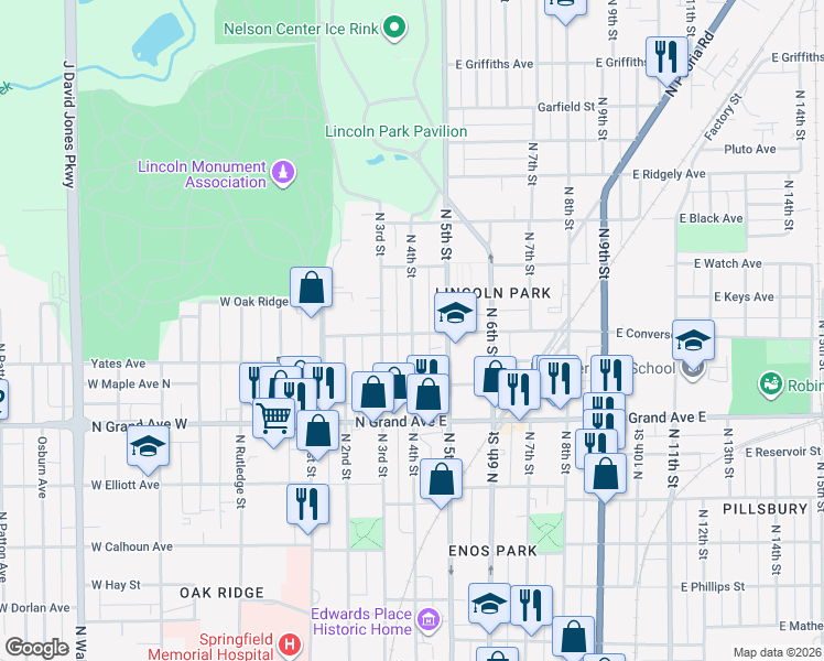 map of restaurants, bars, coffee shops, grocery stores, and more near 1404 N 4th St in Springfield