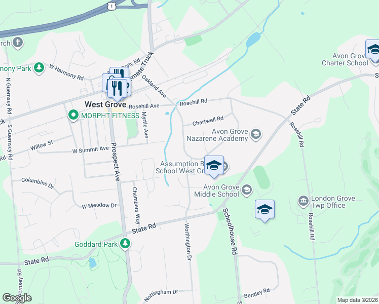 map of restaurants, bars, coffee shops, grocery stores, and more near 309 Welcome Avenue in West Grove