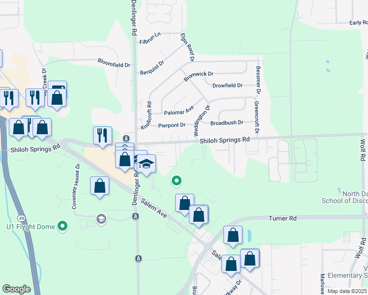 map of restaurants, bars, coffee shops, grocery stores, and more near 1780 Shiloh Springs Road in Dayton