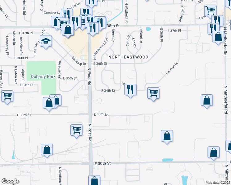 map of restaurants, bars, coffee shops, grocery stores, and more near 9125 East 34th Street in Indianapolis