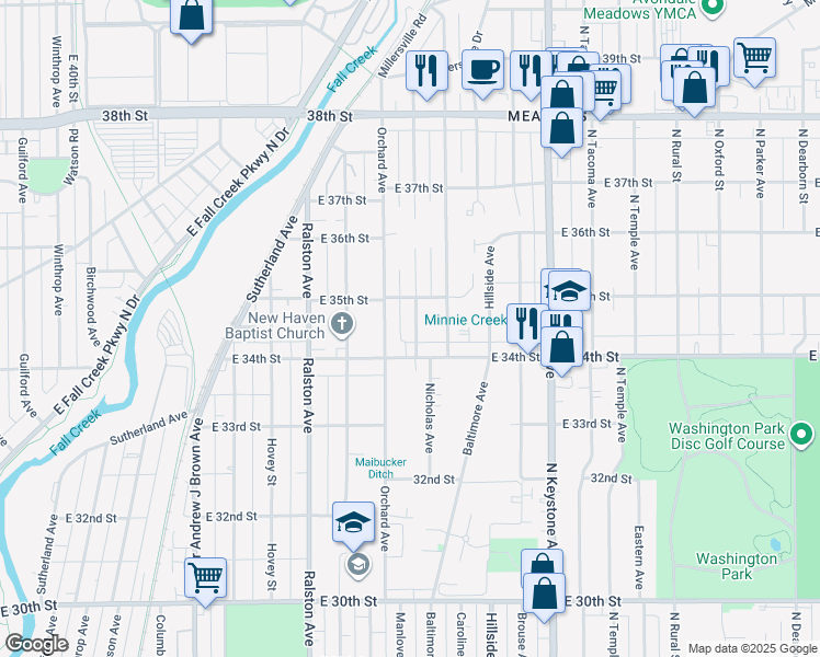 map of restaurants, bars, coffee shops, grocery stores, and more near 3428 Kinnear Avenue in Indianapolis