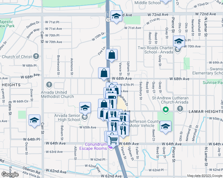 map of restaurants, bars, coffee shops, grocery stores, and more near 104 Webster Street in Arvada