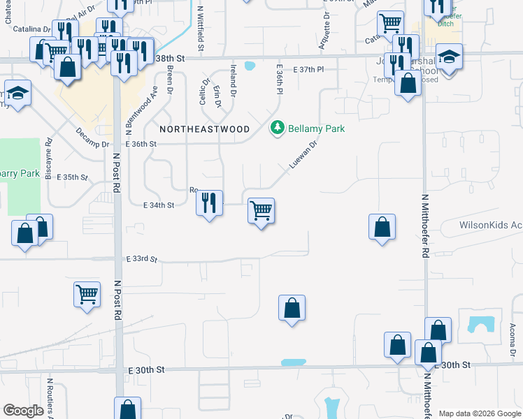 map of restaurants, bars, coffee shops, grocery stores, and more near 9413 Rochelle Dr in Indianapolis