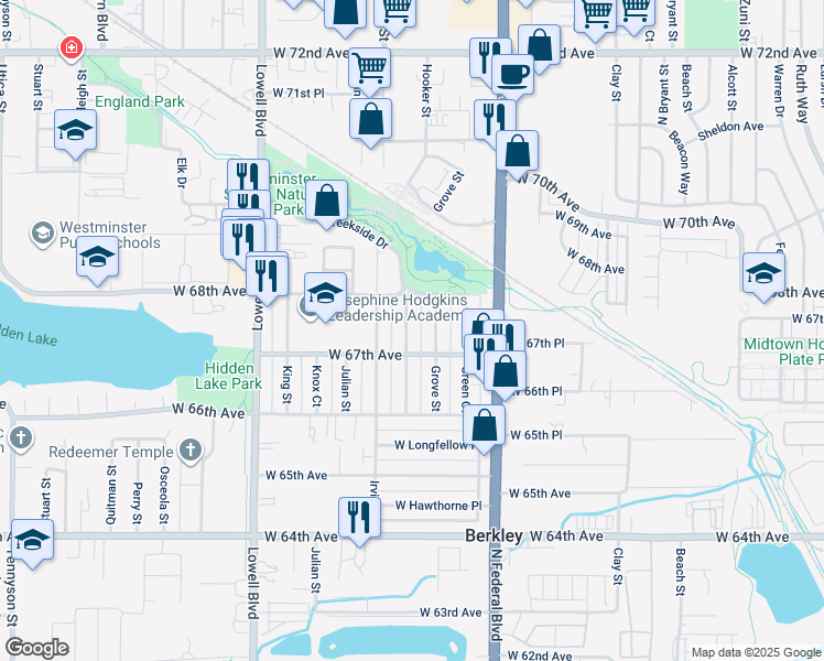 map of restaurants, bars, coffee shops, grocery stores, and more near 6732 Hooker Street in Denver