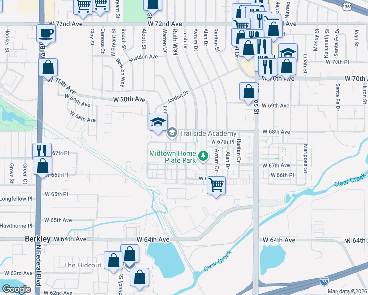 map of restaurants, bars, coffee shops, grocery stores, and more near 6758 Warren Drive in Denver