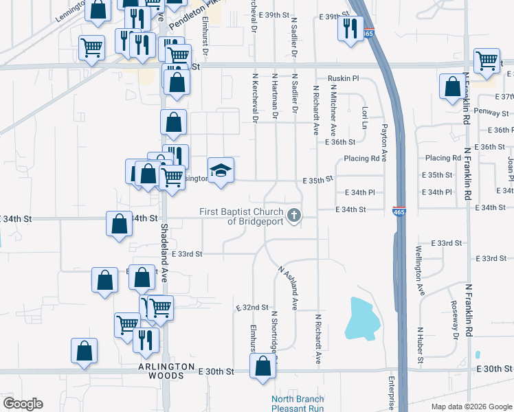 map of restaurants, bars, coffee shops, grocery stores, and more near 7239 East 34th Place in Indianapolis