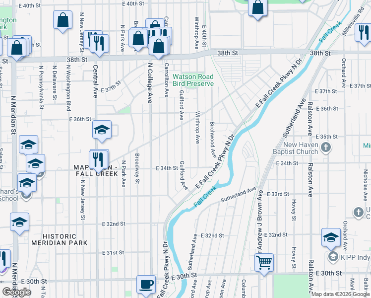 map of restaurants, bars, coffee shops, grocery stores, and more near 3443 Guilford Avenue in Indianapolis
