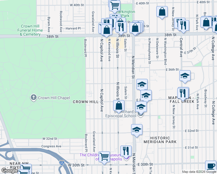map of restaurants, bars, coffee shops, grocery stores, and more near 3463 North Kenwood Avenue in Indianapolis