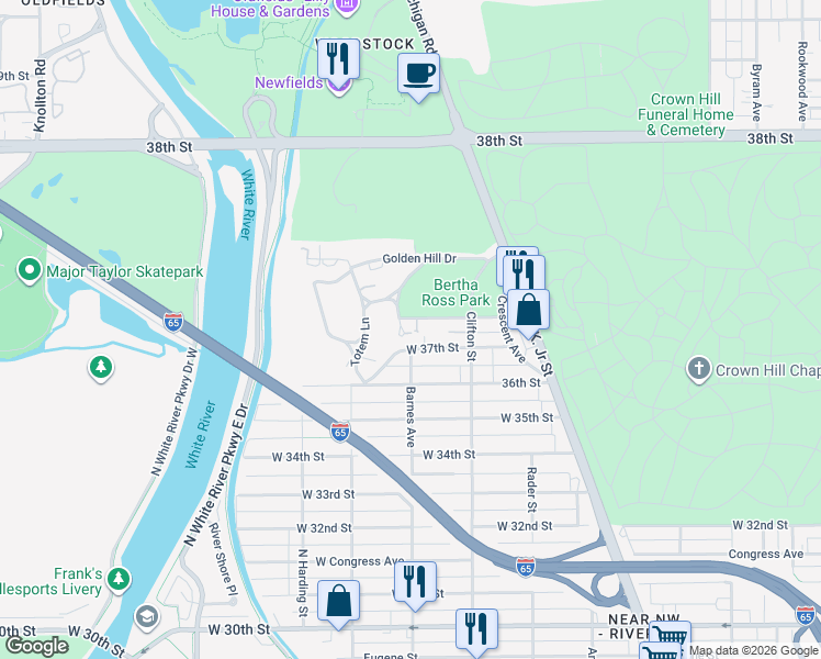 map of restaurants, bars, coffee shops, grocery stores, and more near 1145 Pomander Place in Indianapolis