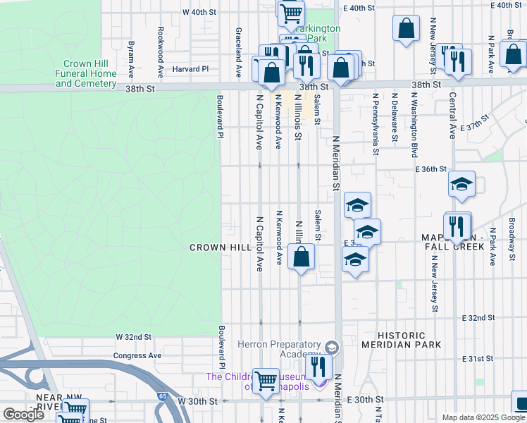 map of restaurants, bars, coffee shops, grocery stores, and more near 3459 North Capitol Avenue in Indianapolis