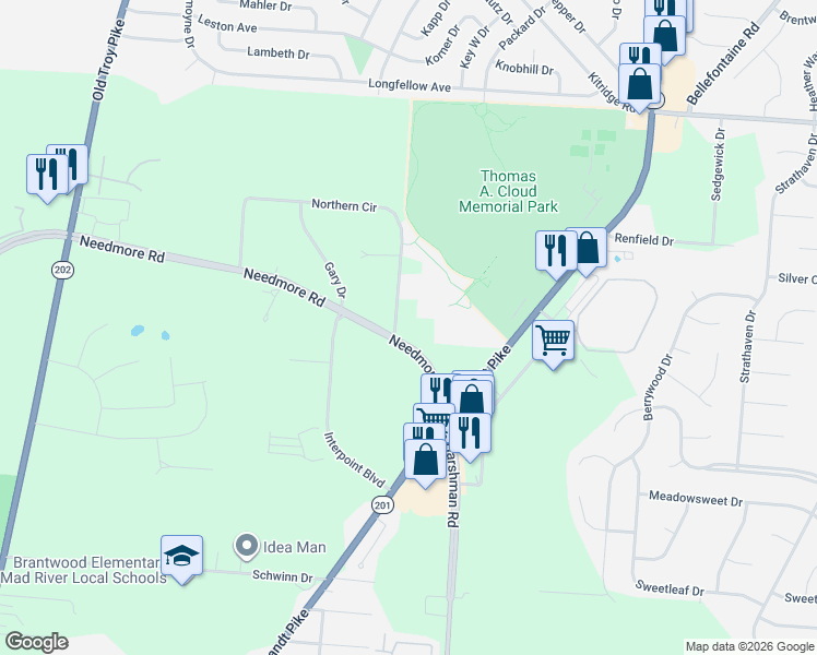 map of restaurants, bars, coffee shops, grocery stores, and more near 4719 Needmore Road in Dayton