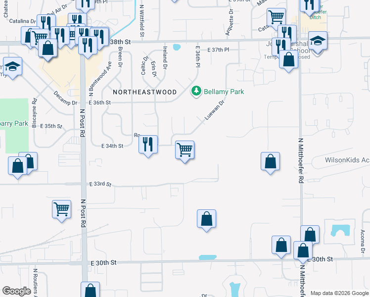 map of restaurants, bars, coffee shops, grocery stores, and more near 9413 Rochelle Drive in Indianapolis