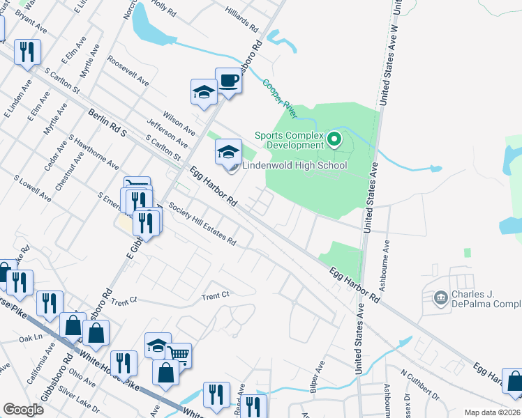 map of restaurants, bars, coffee shops, grocery stores, and more near 61 Colonial Square Place in Lindenwold