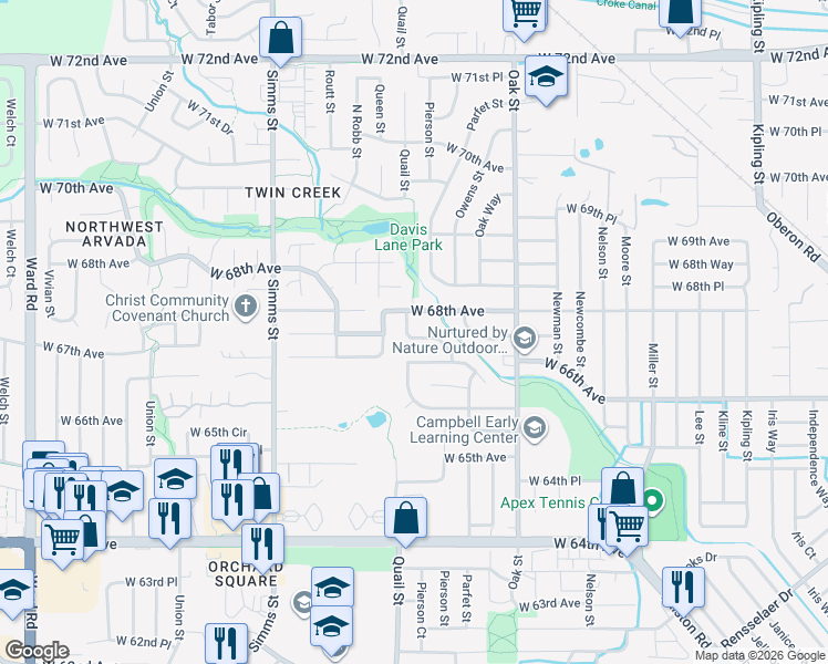 map of restaurants, bars, coffee shops, grocery stores, and more near 11133 West 67th Way in Arvada