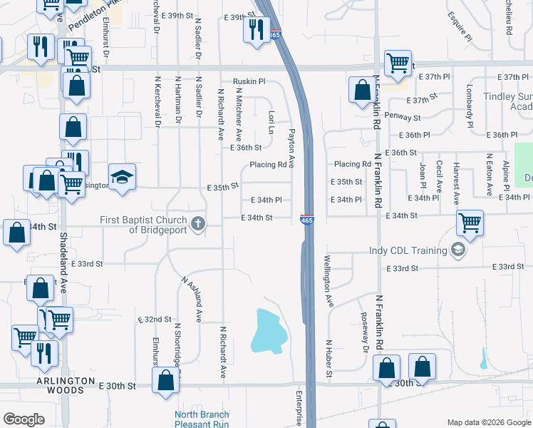map of restaurants, bars, coffee shops, grocery stores, and more near 7602 East 34th Street in Indianapolis