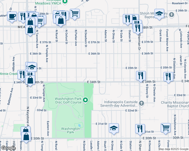map of restaurants, bars, coffee shops, grocery stores, and more near 3428 North Lasalle Street in Indianapolis