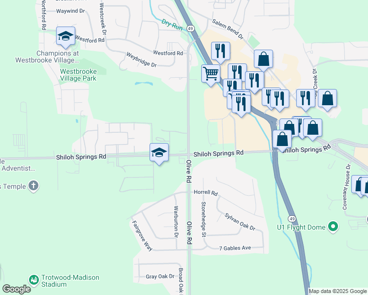 map of restaurants, bars, coffee shops, grocery stores, and more near 3031 Shiloh Springs Rd in Dayton