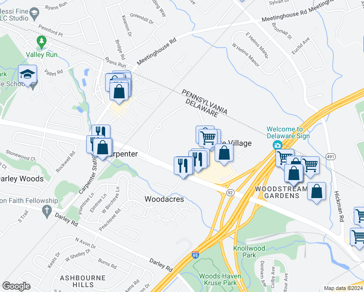 map of restaurants, bars, coffee shops, grocery stores, and more near 775 Montclair Drive in Claymont
